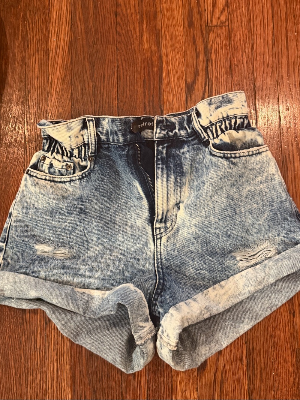 Retrofete Acid Wash Light Blue High-Rise Jean Shorts